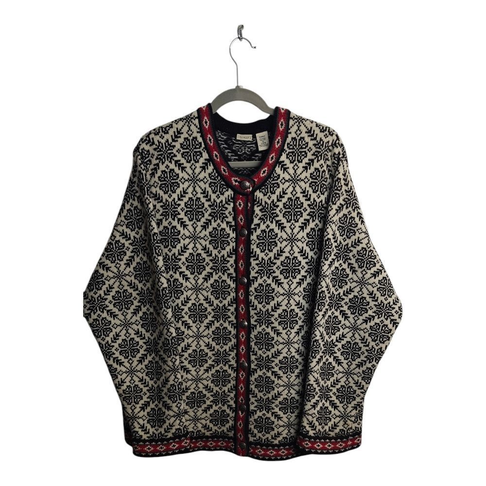 L.L. Bean 100% Merino Wool Cream and Black Patterned Cardigan with Red Trim - Picture 2 of 7